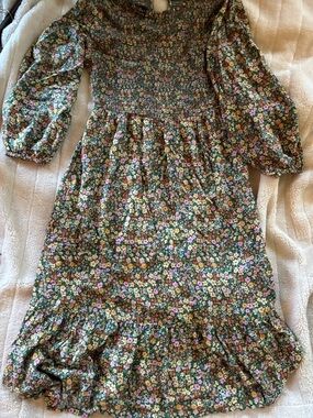 Cottage Core Boho Hippy Floral Green Vintage Old Navy Dress M/L Smocked